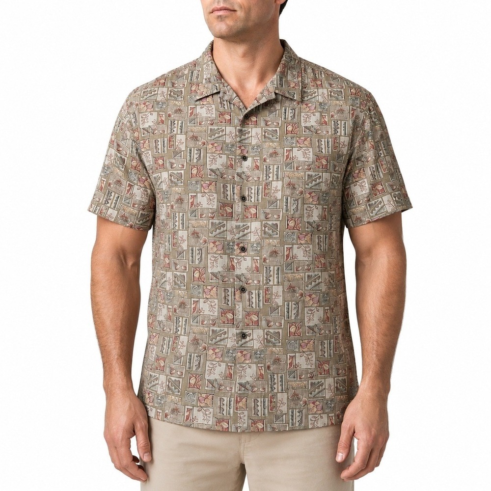 Cooke‎ Street Hawaiian Aloha Shirt Large Tribal Floral Patchwork Collage Brown